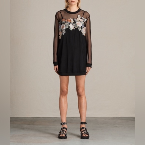 All Saints / Keela Sweat Dress  floral appliqué mesh long sleeve black small S - Picture 3 of 6